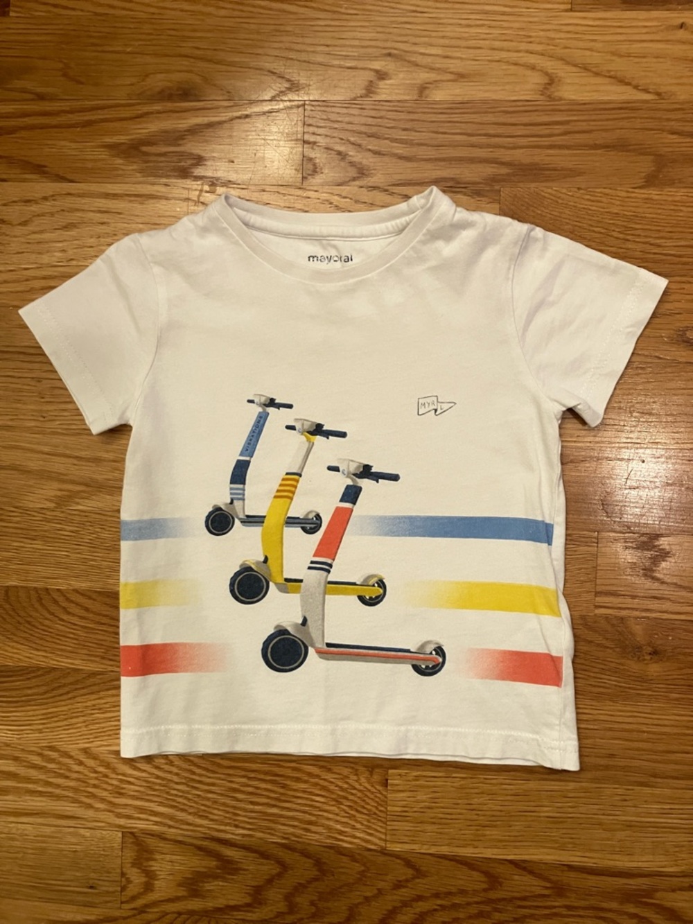 Mayoral 4T White Tee and Navy Shorts Set with Blue Yellow Red Accents - Picture 3 of 10